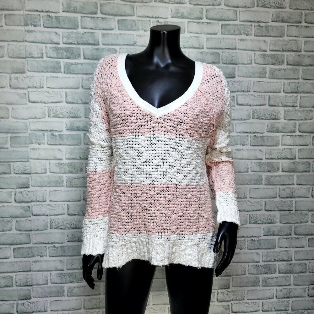 Free People Womens XS Oversized SongBird Pink Striped Chunky Open Knit Sweater